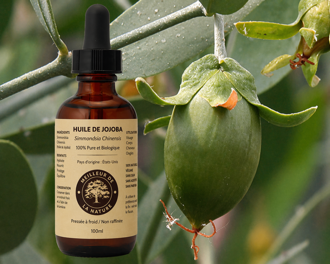 Huile de jojoba vierge 100 % pure et biologique. Naturelle.